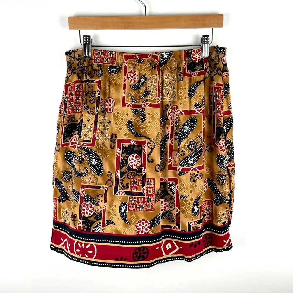 90s Vintage Requirements Skirt PM Tan Red Wrap Front Mini Paisley Western Boho